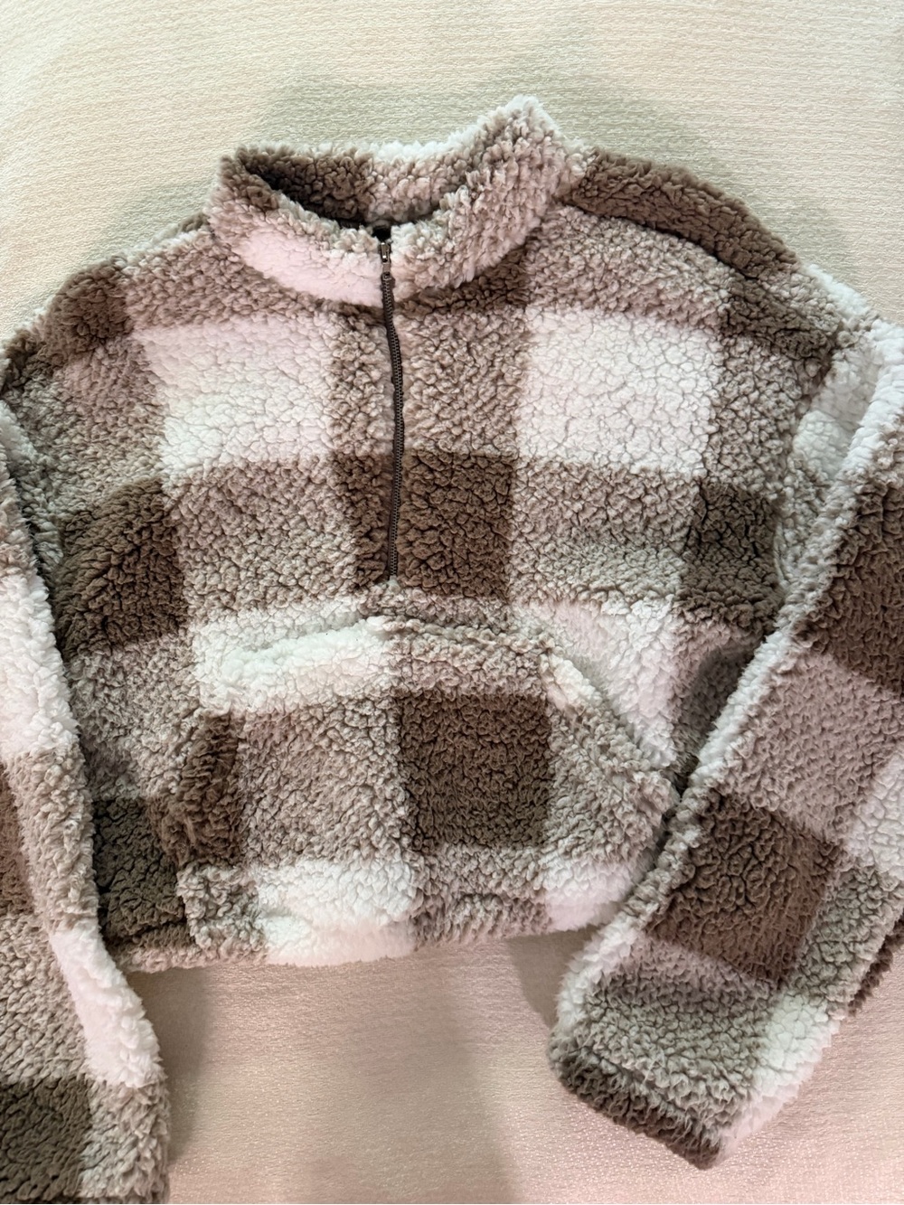 SHEIN Women's Plaid Sherpa Pullover Jacket - Brown & Cream